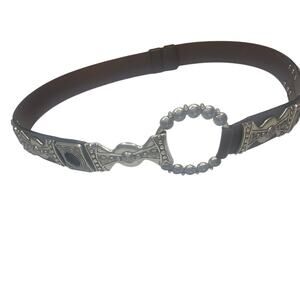 Chicos Genuine Leather Studded Belt L Silver Metal Aztec Steam Punk Ring Clasp